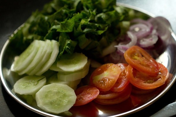 sliced onions, tomatoes, cucumber and chopped lettuce on a steel plate